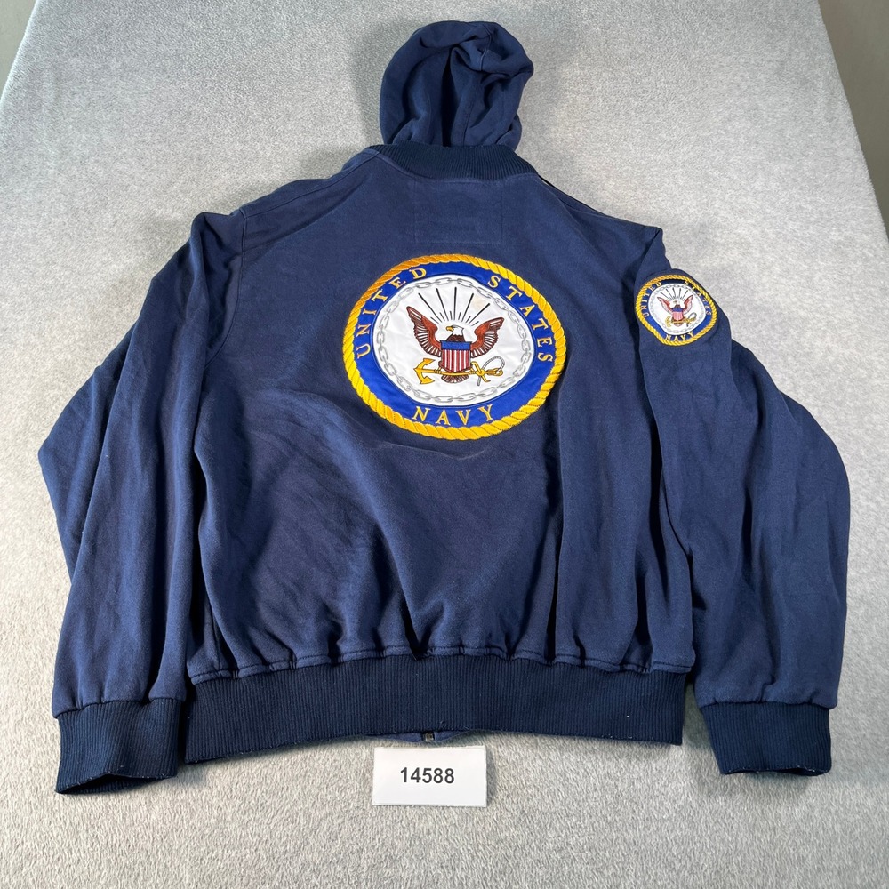 US Honor US Navy Full Zip Hoodie Mens 2XL Blue Ribbed Trim Embroidered Military